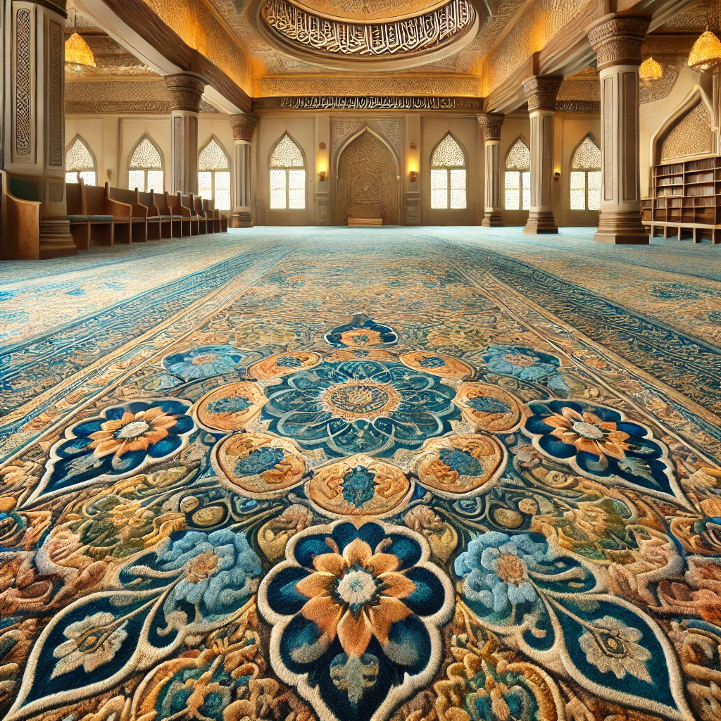 Home 1 DALL·E 2025 03 04 03.16.42 A beautifully designed Malaysian mosque carpet featuring intricate Islamic patterns and traditional motifs. The carpet has a rich color palette of dee Home