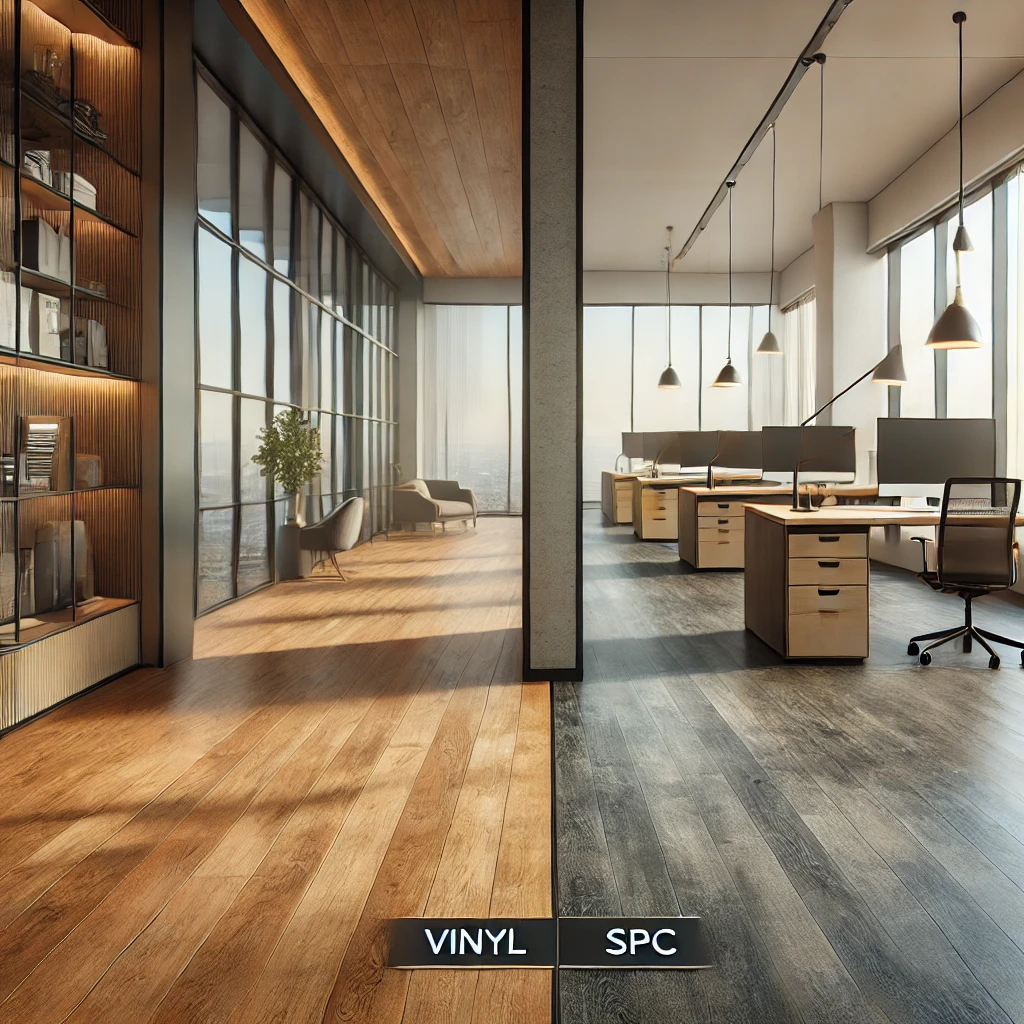 DALL·E 2025-03-07 15.15.58 – A modern office space with a side-by-side comparison of vinyl and SPC flooring. The left side of the room features vinyl flooring with a warm wood tex DALL·E 2025-03-07 15.15.58 - A modern office space with a side-by-side comparison of vinyl and SPC flooring. The left side of the room features vinyl flooring with a warm wood tex